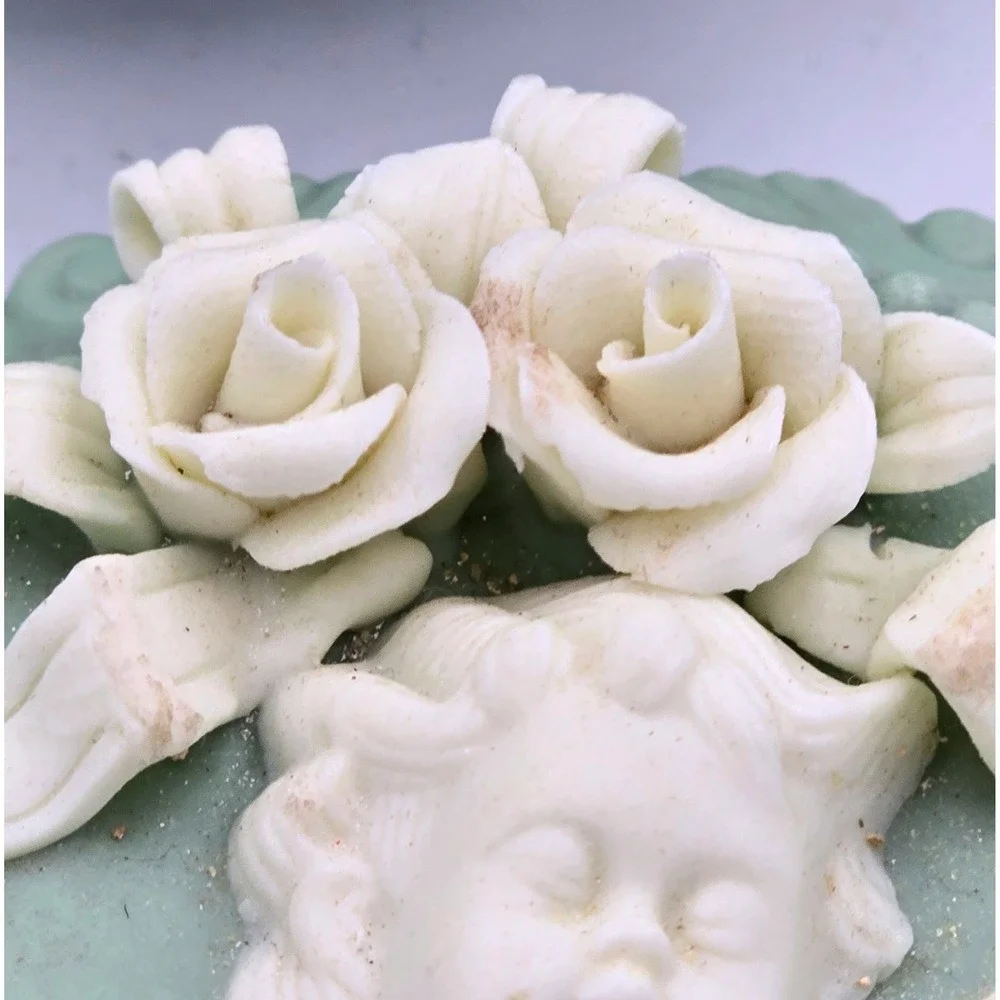 Jasperware Green Caladon Ivory Cherub Porcelain Trinket Victorian Dish Cameo